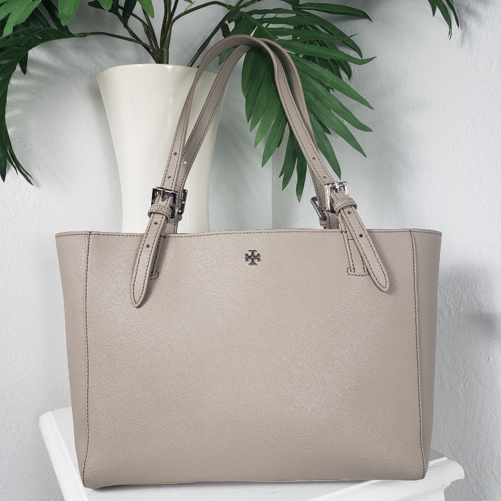 Tory Burch Taupe Leather Emerson Tote Satchel Bag Neutral Classic  12 x 9 x 6